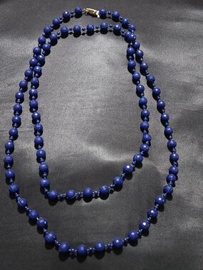 Vintage 1960s Cobalt Blue Faceted Lucite Bead Necklace • Signed Hong Kong • Long